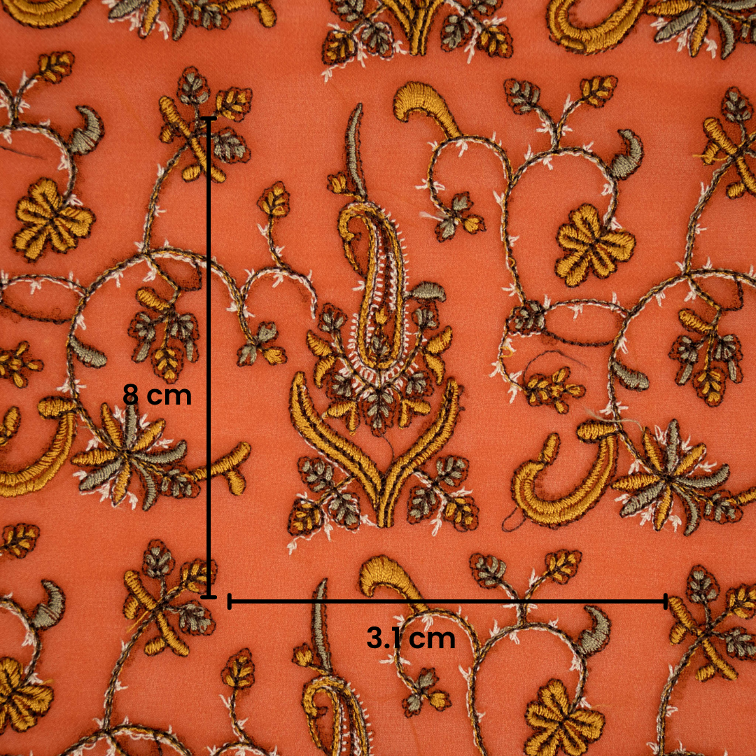 Beena Rust Viscose Georgette Embroidered Fabric in Jaal Pattern