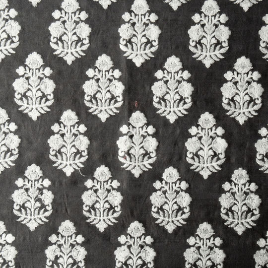 Ketki Charcoal Chanderi Embroidered Fabric in Buta Pattern