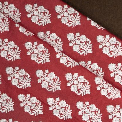 Ketki Cherry Red Chanderi Embroidered Fabric in Buta Pattern