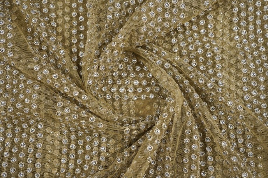 Raisa Beige Nylon Net Embroidered Fabric in Buti In Lines Pattern