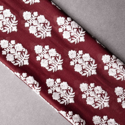 Ketki Burgundy Chanderi Embroidered Fabric in Buta Pattern