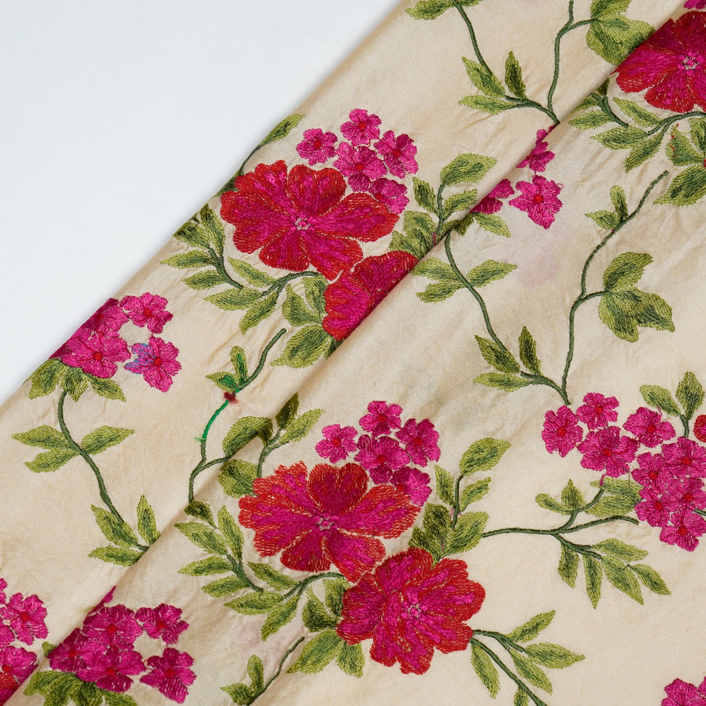 Ayra Beige/ Fuxia Chanderi Embroidered Fabric in Jaal Pattern