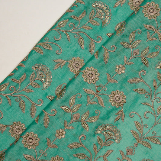 Barika Turquoise Chanderi Embroidered Fabric in Jaal Pattern