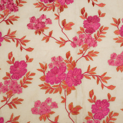 Ayra Beige/ Pink Chanderi Embroidered Fabric in Jaal Pattern