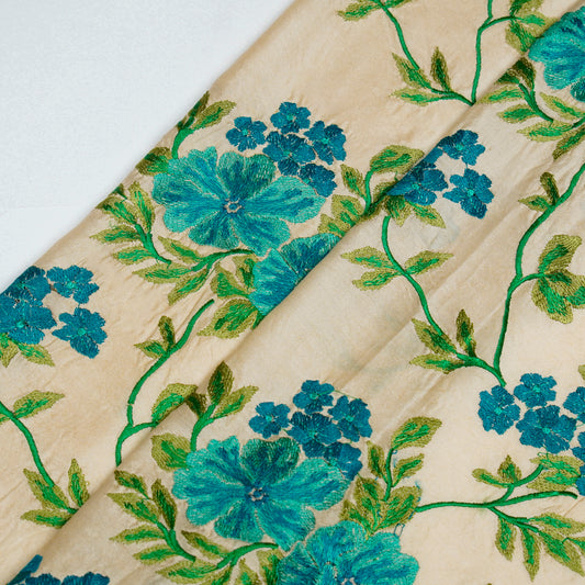 Ayra Beige/ Turquoise Chanderi Embroidered Fabric in Jaal Pattern