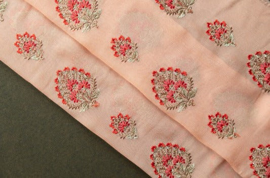 Shamsha Peach Viscose Georgette Embroidered Fabric in Buta Pattern