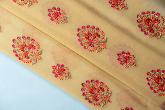 Shamsha Beige Viscose Georgette Embroidered Fabric in Buta Pattern