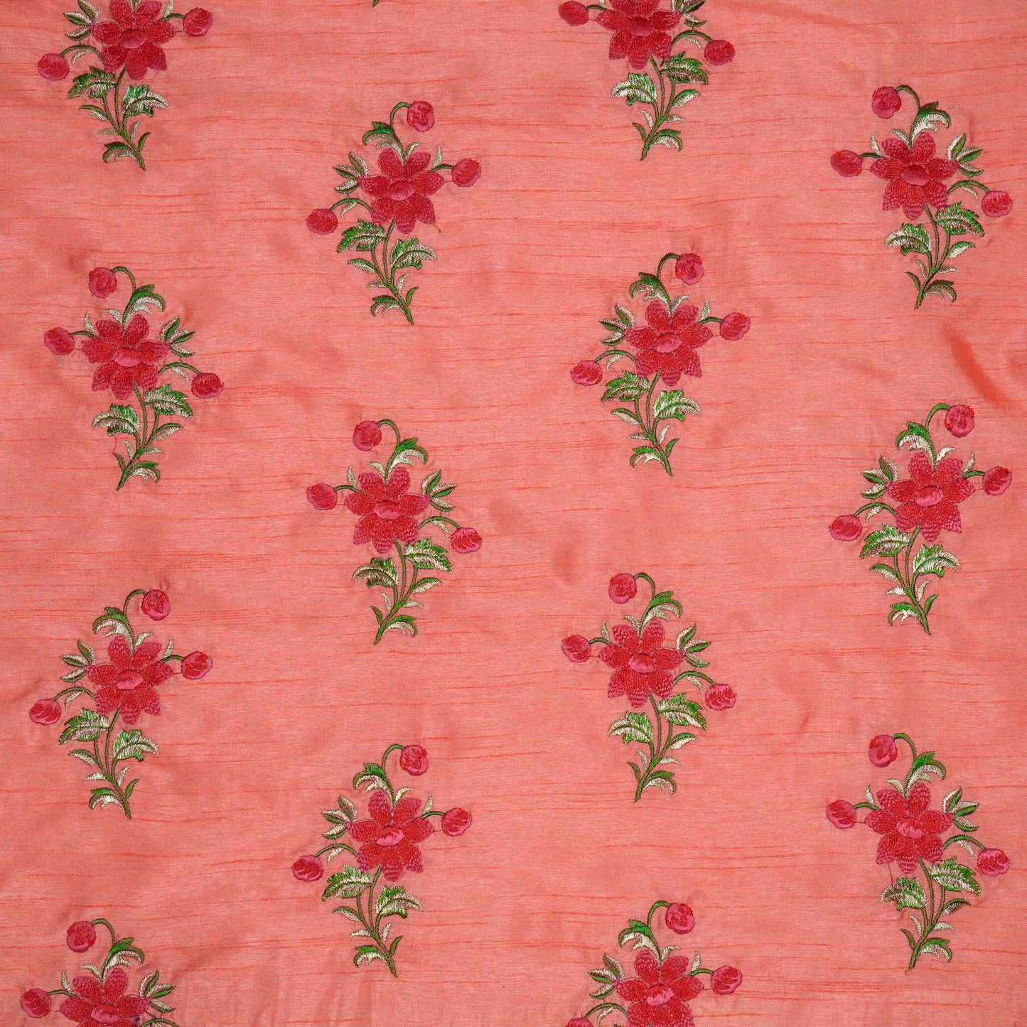 Dalia Peach Viscose Raw Silk Embroidered Fabric in Buta