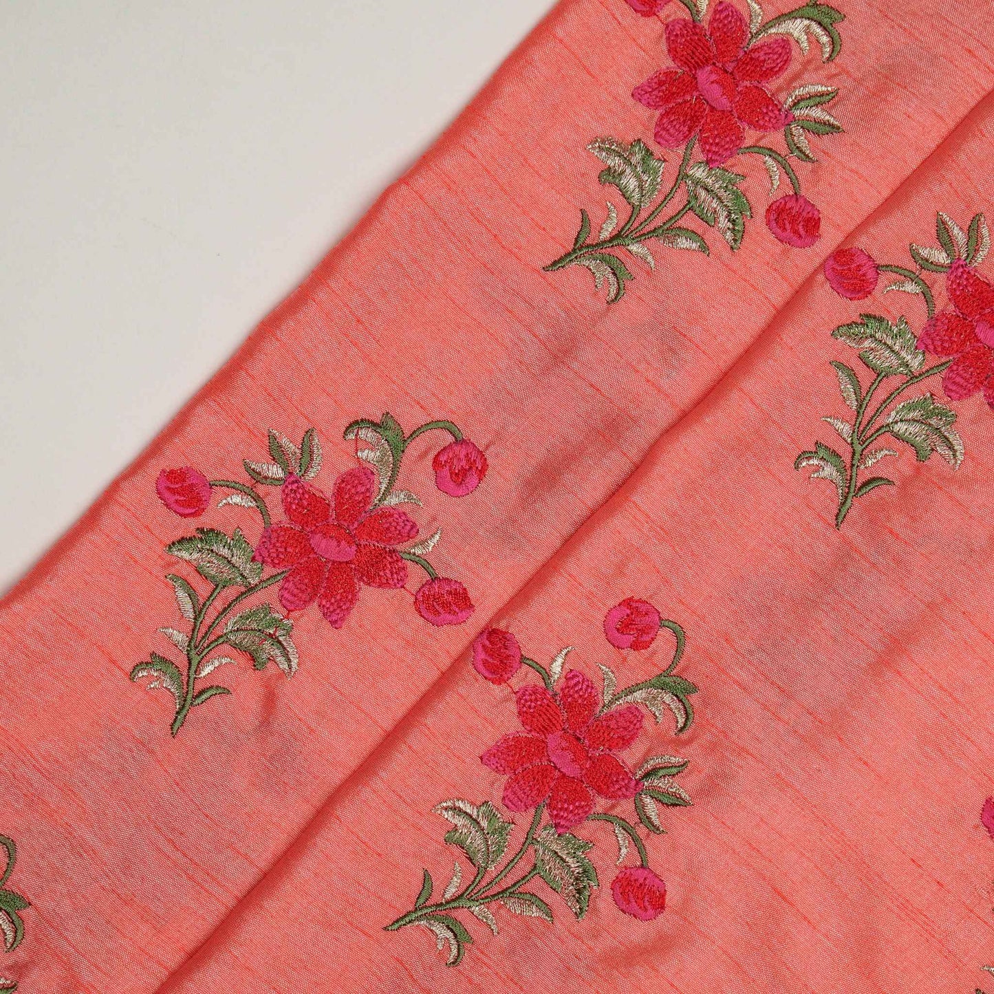 Dalia Peach Viscose Raw Silk Embroidered Fabric in Buta