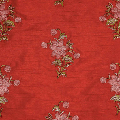 Dalia Red Viscose Raw Silk Embroidered Fabric in Buta