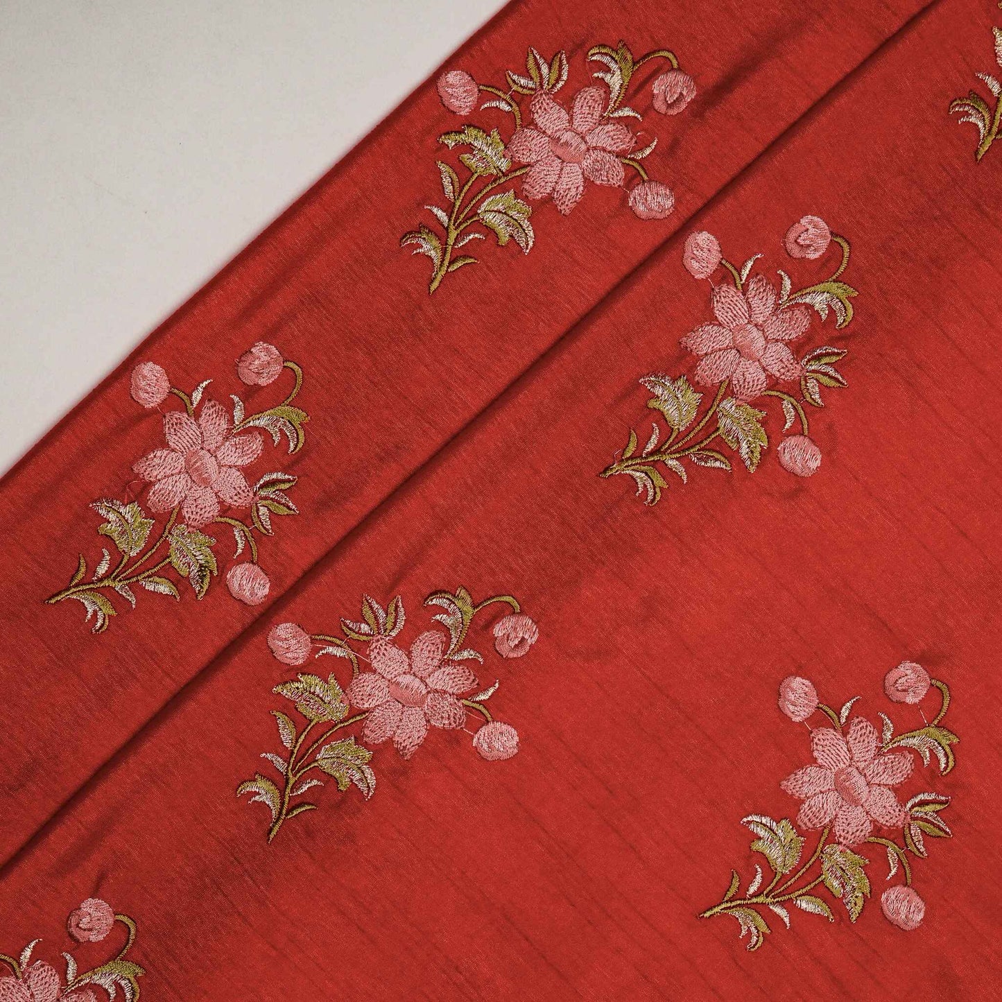 Dalia Red Viscose Raw Silk Embroidered Fabric in Buta