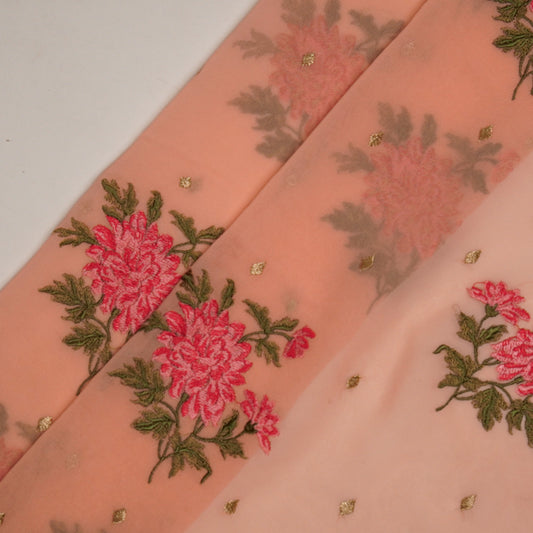 Finna Light Peach Viscose Georgette Embroidered Fabric in Buta Pattern