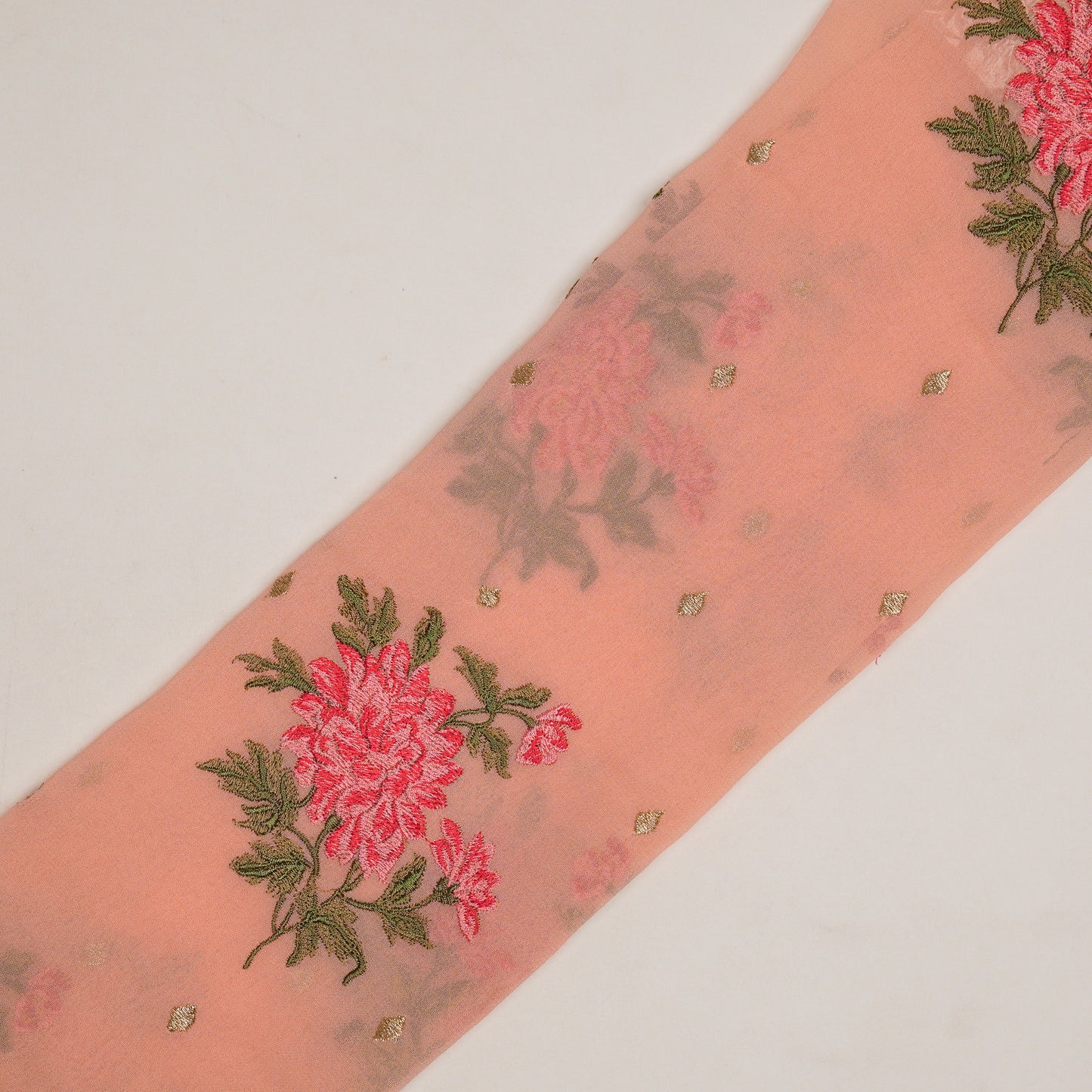 Finna Light Peach Viscose Georgette Embroidered Fabric in Buta Pattern