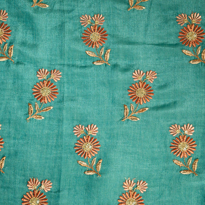 Nazirah Teal Chanderi Embroidered Fabric in Buta Pattern