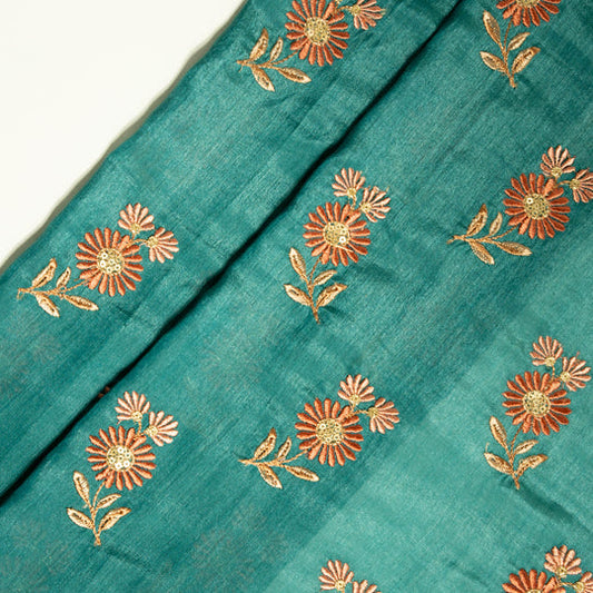 Nazirah Teal Chanderi Embroidered Fabric in Buta Pattern