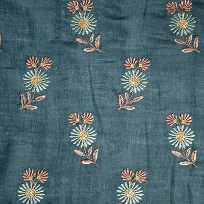 Nazirah Teal Blue Chanderi Embroidered Fabric in Buta Pattern