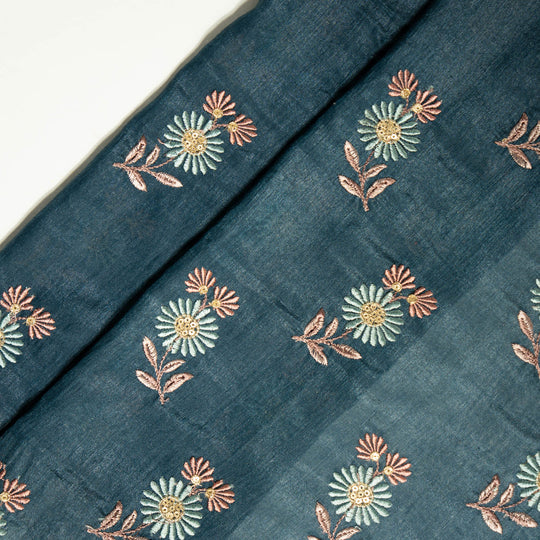 Nazirah Teal Blue Chanderi Embroidered Fabric in Buta Pattern