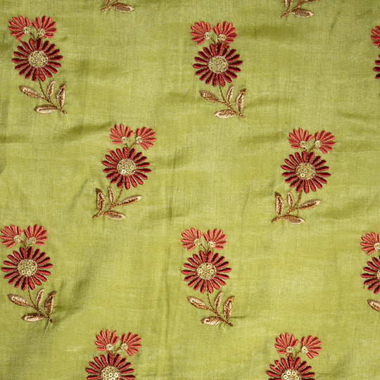 Nazirah Deep Olive Chanderi Embroidered Fabric in Buta Pattern