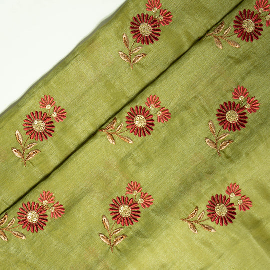 Nazirah Deep Olive Chanderi Embroidered Fabric in Buta Pattern