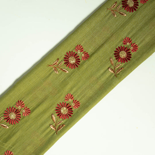 Nazirah Deep Olive Chanderi Embroidered Fabric in Buta Pattern