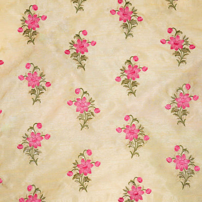 Dalia Cream Viscose Raw Silk Embroidered Fabric in Buta