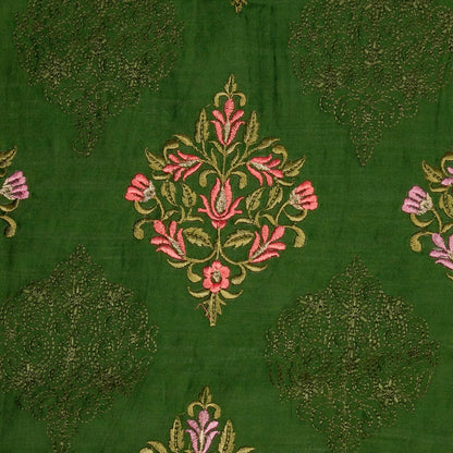 Arsia Leaf Green Chanderi Embroidered Fabric in Buta Pattern