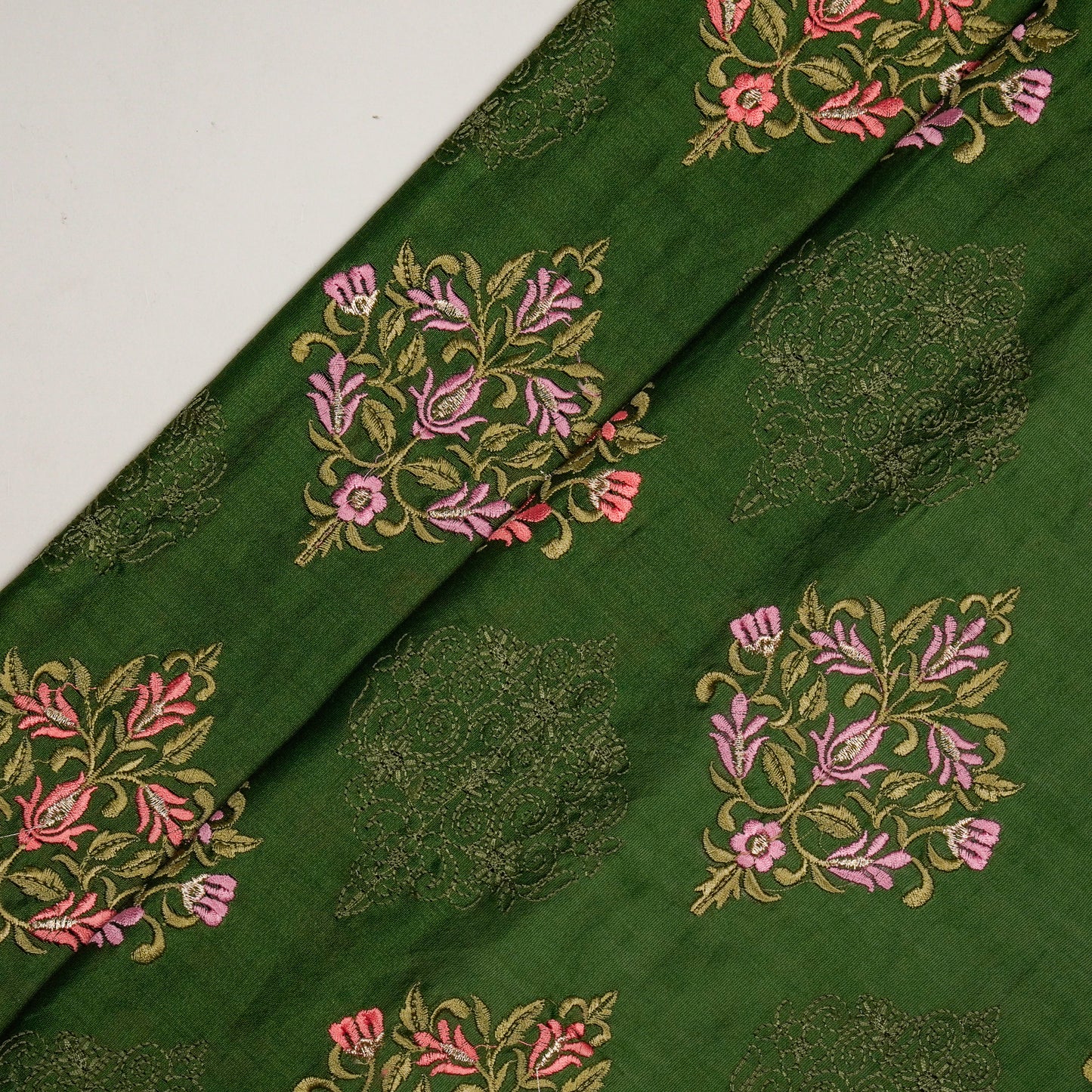 Arsia Leaf Green Chanderi Embroidered Fabric in Buta Pattern