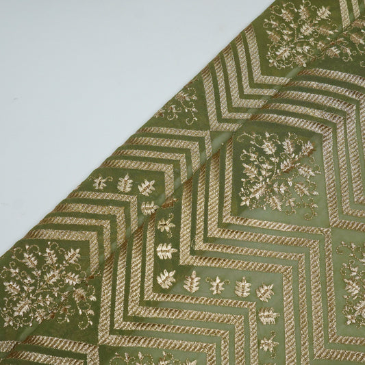 Azeem Olive Green Chanderi Embroidered Fabric in Buta Pattern