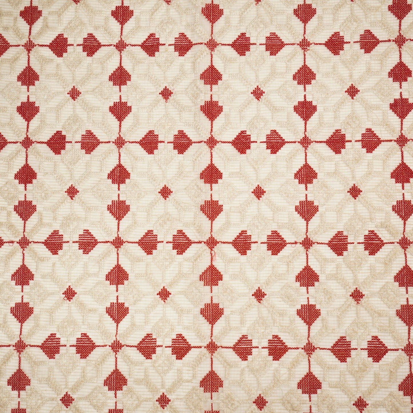 Saras Natural Red Semi Munga Kota Embroidered Fabric in Jaal Pattern