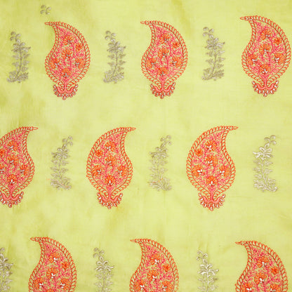 Umaima Lemon Chanderi Embroidered Fabric in Buta Pattern