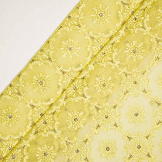 Raaiqa Yellow Mul Chanderi Embroidered Fabric in Jaal Pattern