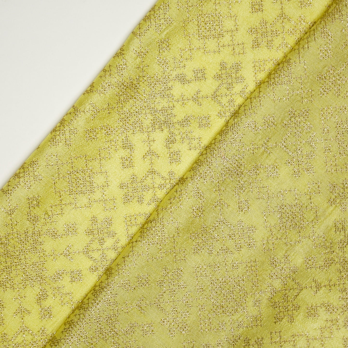 Rahifa Lemon Dola Silk Embroidered Fabric in Jaal Pattern