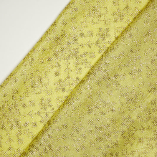 Rahifa Lemon Dola Silk Embroidered Fabric in Jaal Pattern