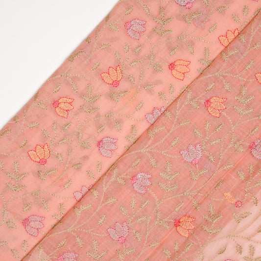 Sabiha Floral Gajari Mul Chanderi Embroidered Fabric in Jaal Pattern
