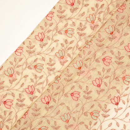 Sabiha Floral Cream Mul Chanderi Embroidered Fabric in Jaal Pattern