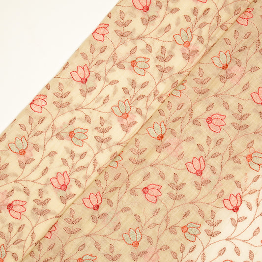 Sabiha Floral Cream Mul Chanderi Embroidered Fabric in Jaal Pattern