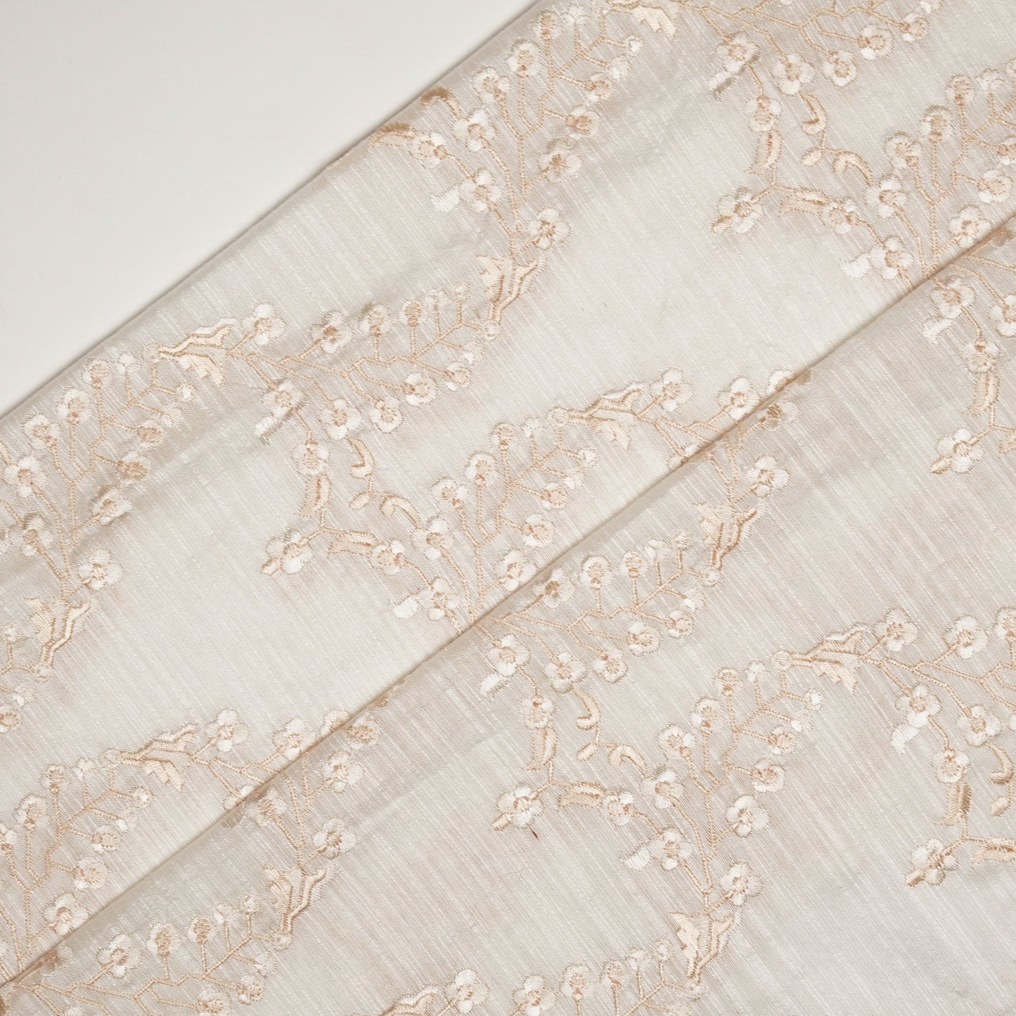 Parkha White Viscose Raw Silk Embroidered Fabric in Jaal Pattern