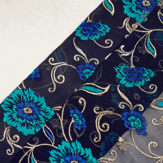 Ramya Persian Blue Viscose Georgette Embroidered Fabric in Jaal Pattern