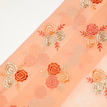 Inara Peach Viscose Georgette Embroidered Fabric in Buta Pattern