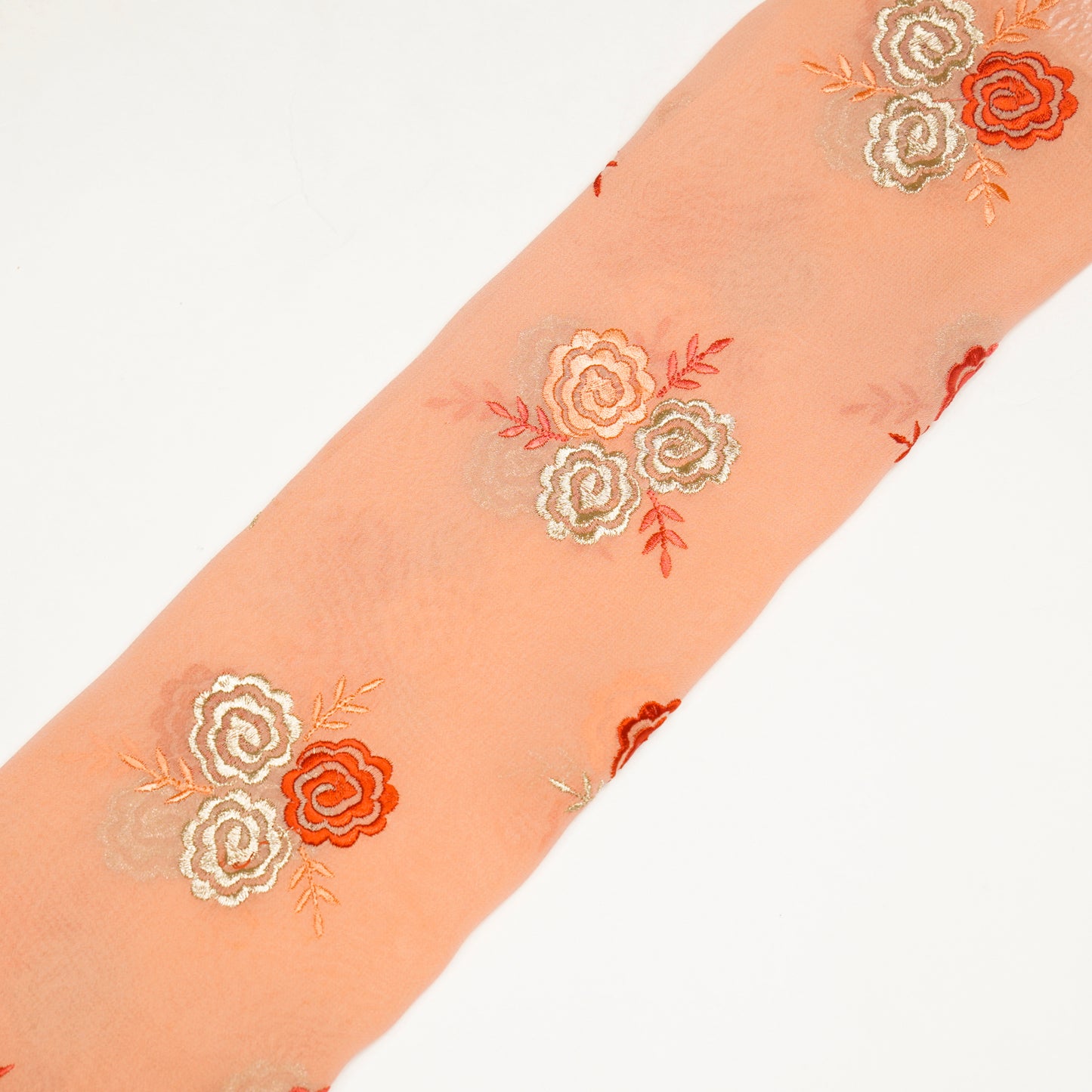 Inara Peach Viscose Georgette Embroidered Fabric in Buta Pattern