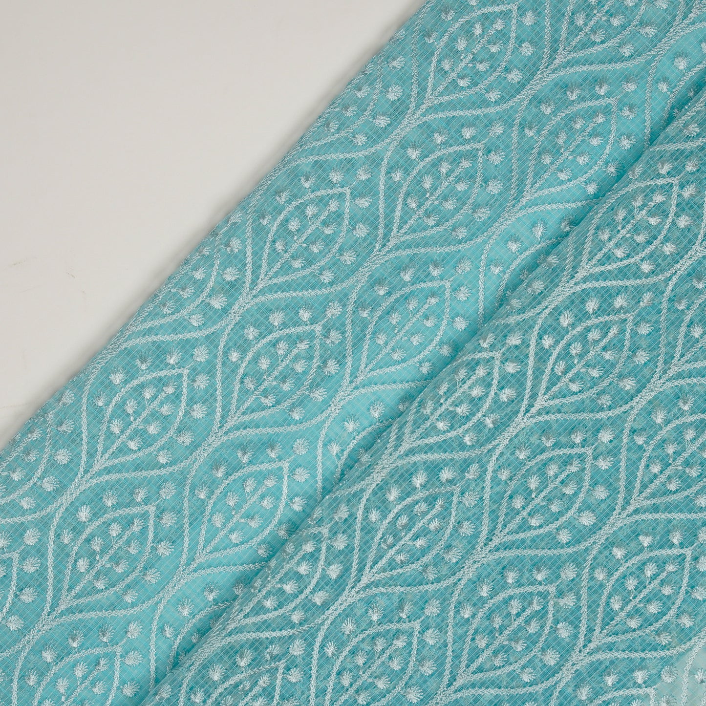 Laiba Turquoise Semi Munga Kota Embroidered Fabric in Jaal Pattern