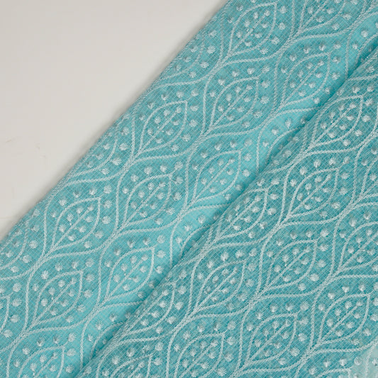 Laiba Turquoise Semi Munga Kota Embroidered Fabric in Jaal Pattern