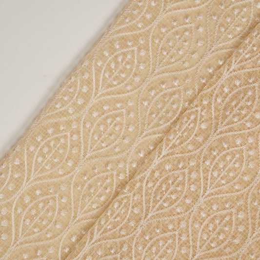 Laiba Beige Semi Munga Kota Embroidered Fabric in Jaal Pattern