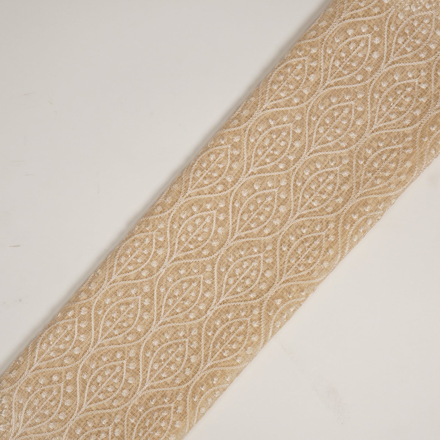 Laiba Beige Semi Munga Kota Embroidered Fabric in Jaal Pattern