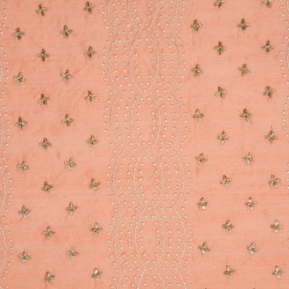 Naira Peach Dola Silk Embroidered Fabric in Jaal Pattern