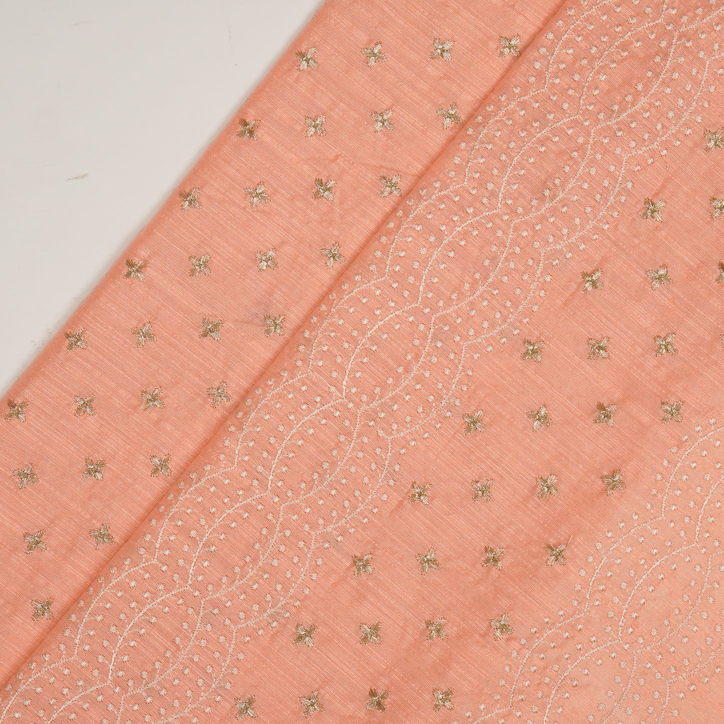 Naira Peach Dola Silk Embroidered Fabric in Jaal Pattern