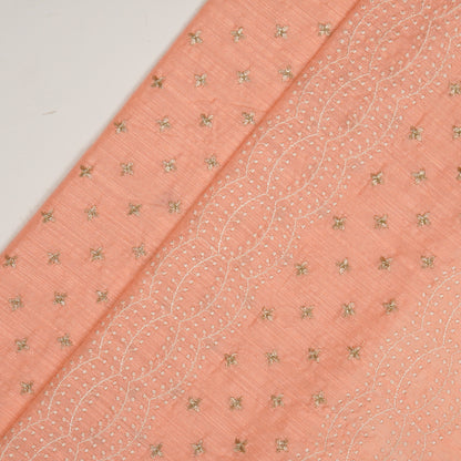 Naira Peach Dola Silk Embroidered Fabric in Jaal Pattern