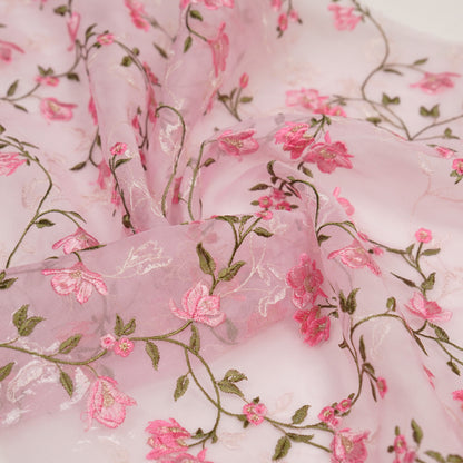 Fiza Baby Pink Viscose Organza Embroidered Fabric in Jaal Pattern