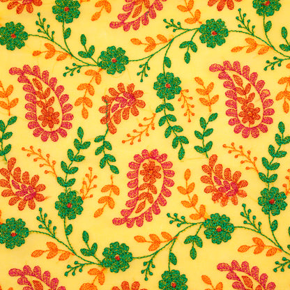 Prasoon Mustard Viscose Georgette Embroidered Fabric in Jaal Pattern