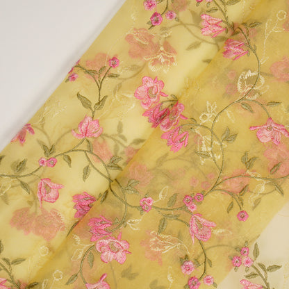 Fiza Lemon Viscose Organza Embroidered Fabric in Jaal Pattern